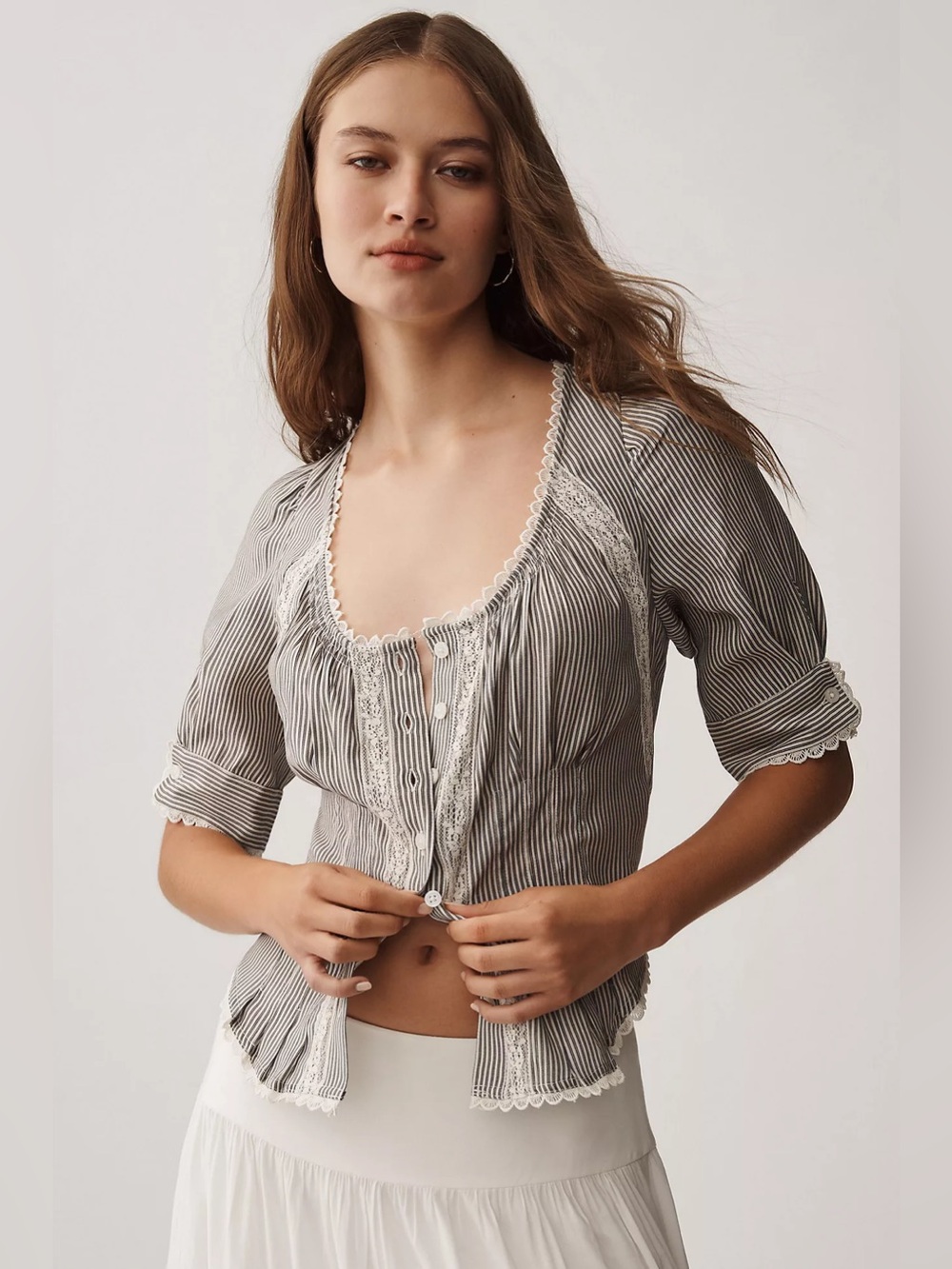 Anthropologie Short-Sleeve Pintuck Button-Front Blouse large